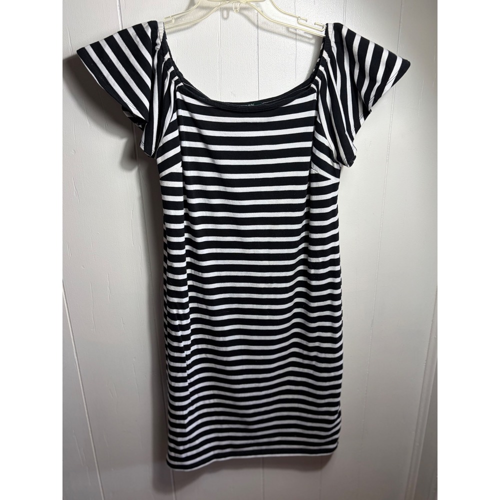 Lauren Ralph Lauren Striped Flutter Sleeve Cotton Dress Black White SmCC